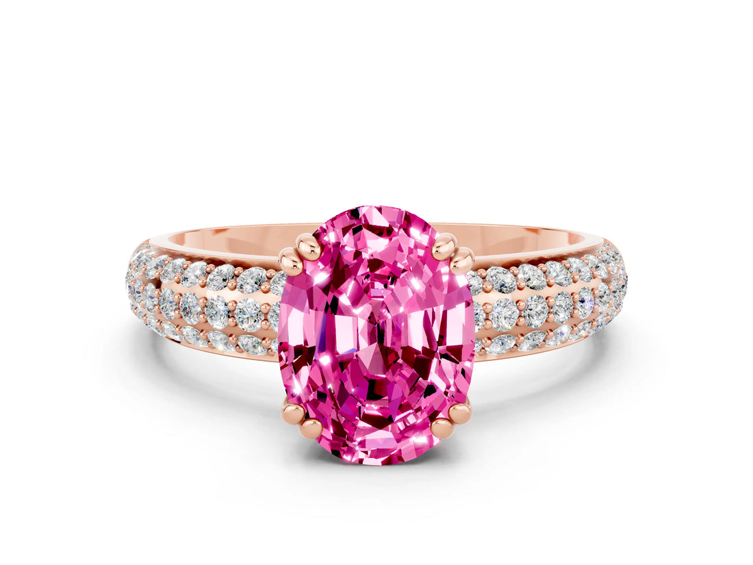 Rose gold Oval Cut Cut Pave Diamond Engagement Ring with Channel Set Band and Four-Prong Setting