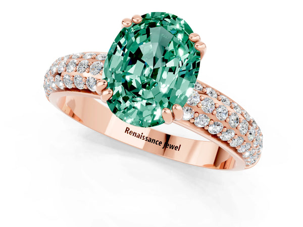 Rose gold Oval Cut Green Sapphire Solitaire Ring with Multi-Row Round Pavé Band and Prong Setting