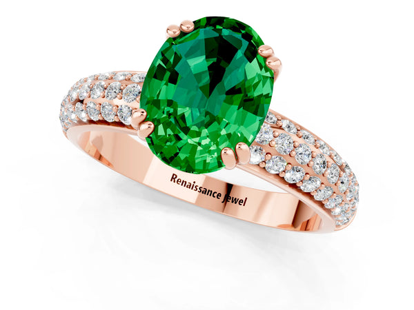 Rose gold Oval Cut Emerald Solitaire Ring with Multi-Row Round Pavé Band and Prong Setting