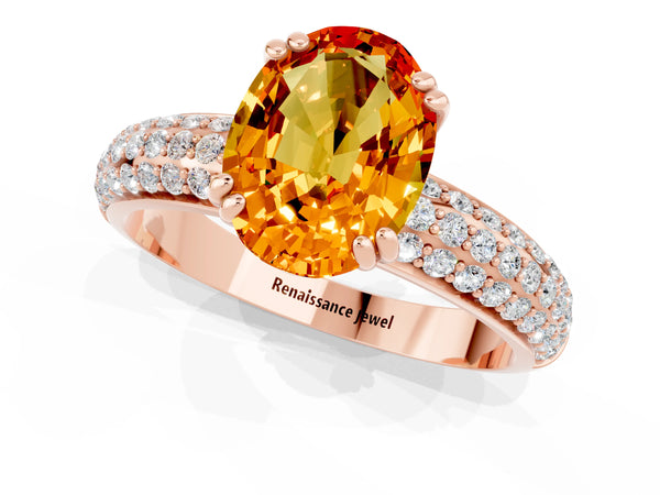 Rose gold Oval Cut Citrine Solitaire Ring with Multi-Row Round Pavé Band and Prong Setting