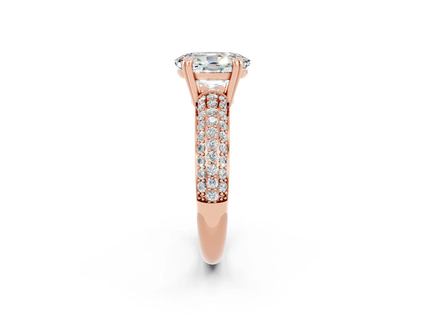 Rose gold Oval Cut Moissanite Solitaire Ring with Multi-Row Round Pavé Band and Prong Setting