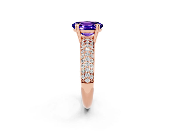 Rose gold Oval Cut Tanzanite Solitaire Ring with Multi-Row Round Pavé Band and Prong Setting