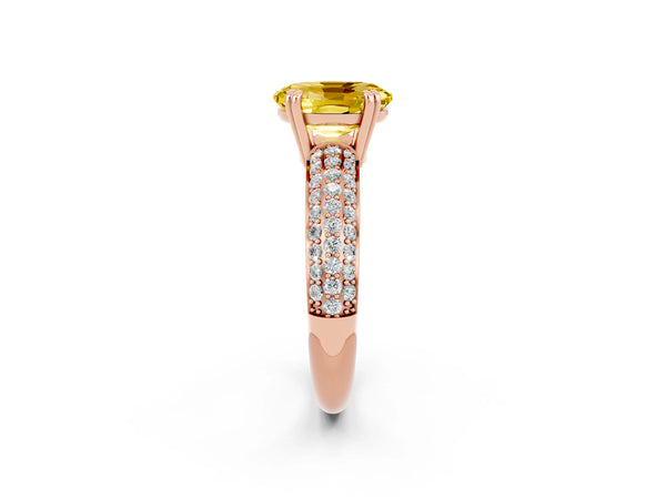 Rose gold Oval Cut Yellow Sapphire Solitaire Ring with Multi-Row Round Pavé Band and Prong Setting