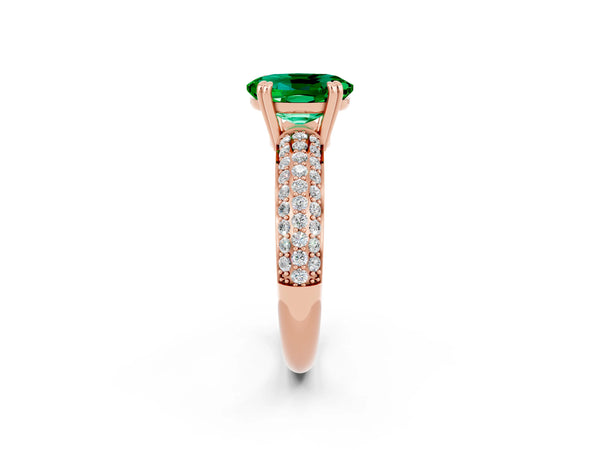 Rose gold Oval Cut Emerald Solitaire Ring with Multi-Row Round Pavé Band and Prong Setting