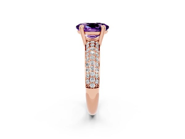 Rose gold Oval Cut Amethyst Solitaire Ring with Multi-Row Round Pavé Band and Prong Setting