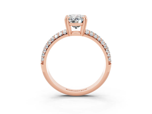 Rose gold Oval Cut Moissanite Solitaire Ring with Multi-Row Round Pavé Band and Prong Setting