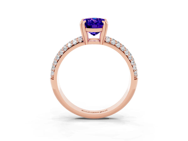 Rose gold Oval Cut Tanzanite Solitaire Ring with Multi-Row Round Pavé Band and Prong Setting
