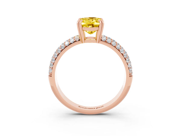 Rose gold Oval Cut Yellow Sapphire Solitaire Ring with Multi-Row Round Pavé Band and Prong Setting