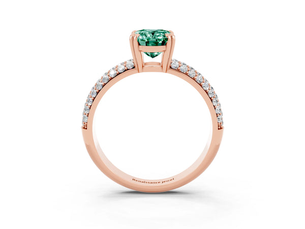 Rose gold Oval Cut Green Sapphire Solitaire Ring with Multi-Row Round Pavé Band and Prong Setting