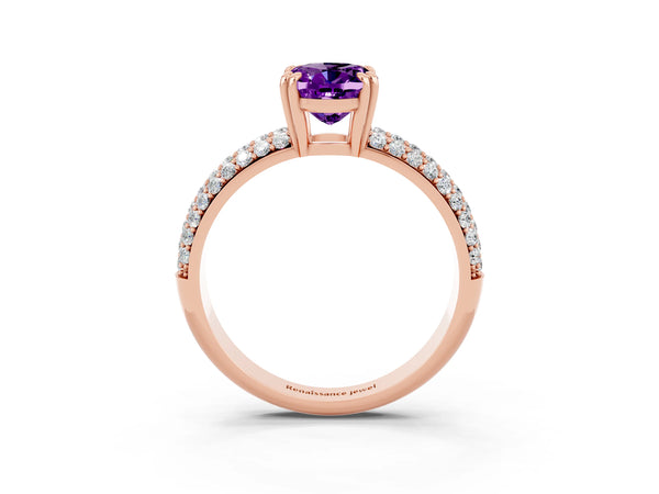 Rose gold Oval Cut Amethyst Solitaire Ring with Multi-Row Round Pavé Band and Prong Setting
