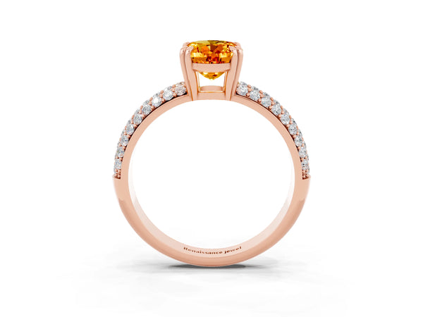 Rose gold Oval Cut Citrine Solitaire Ring with Multi-Row Round Pavé Band and Prong Setting