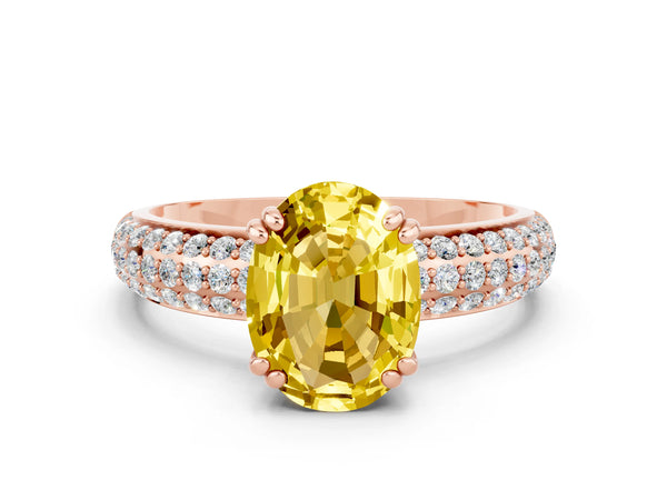Rose gold Oval Cut Yellow Sapphire Solitaire Ring with Multi-Row Round Pavé Band and Prong Setting