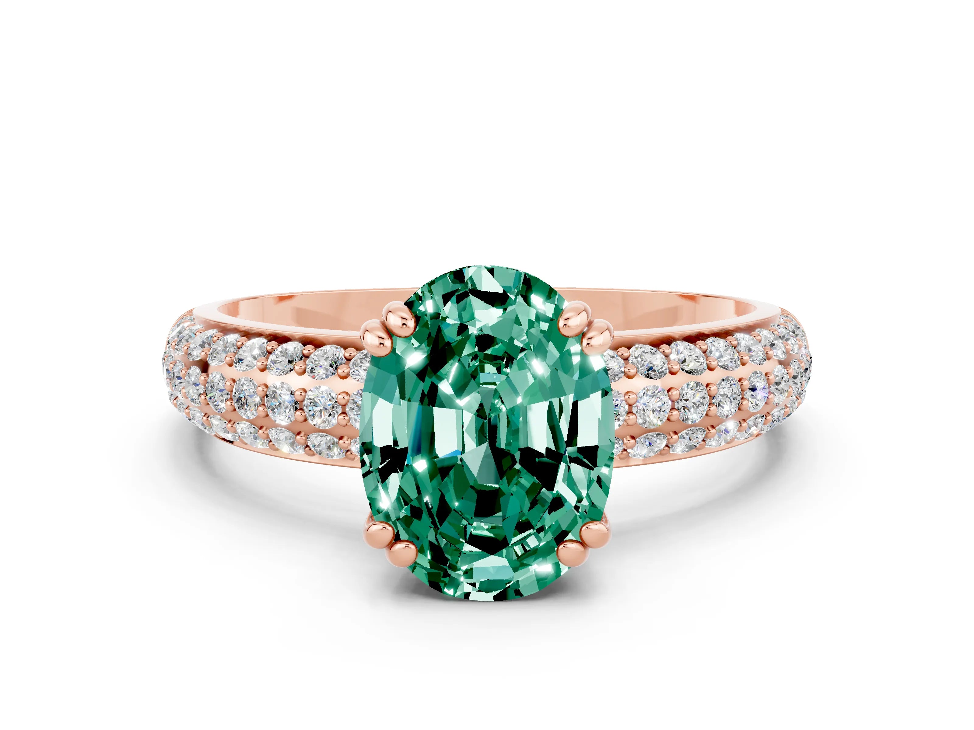 Rose gold Oval Cut Cut Pave Diamond Engagement Ring with Channel Set Band and Four-Prong Setting