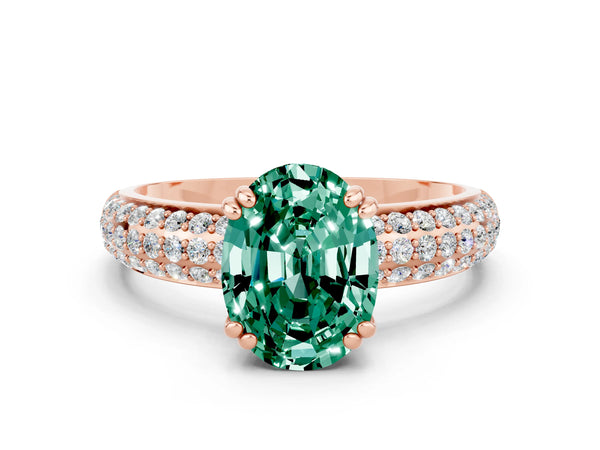 Rose gold Oval Cut Green Sapphire Solitaire Ring with Multi-Row Round Pavé Band and Prong Setting