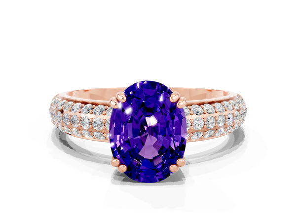 Rose gold Oval Cut Tanzanite Solitaire Ring with Multi-Row Round Pavé Band and Prong Setting