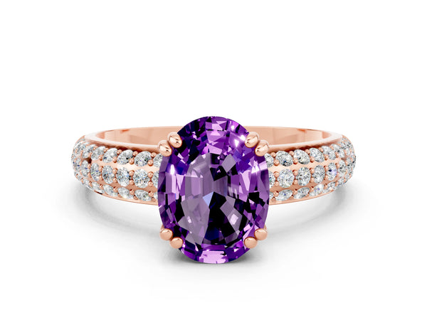 Rose gold Oval Cut Amethyst Solitaire Ring with Multi-Row Round Pavé Band and Prong Setting