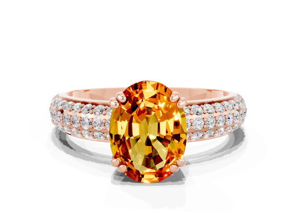 Rose gold Oval Cut Citrine Solitaire Ring with Multi-Row Round Pavé Band and Prong Setting