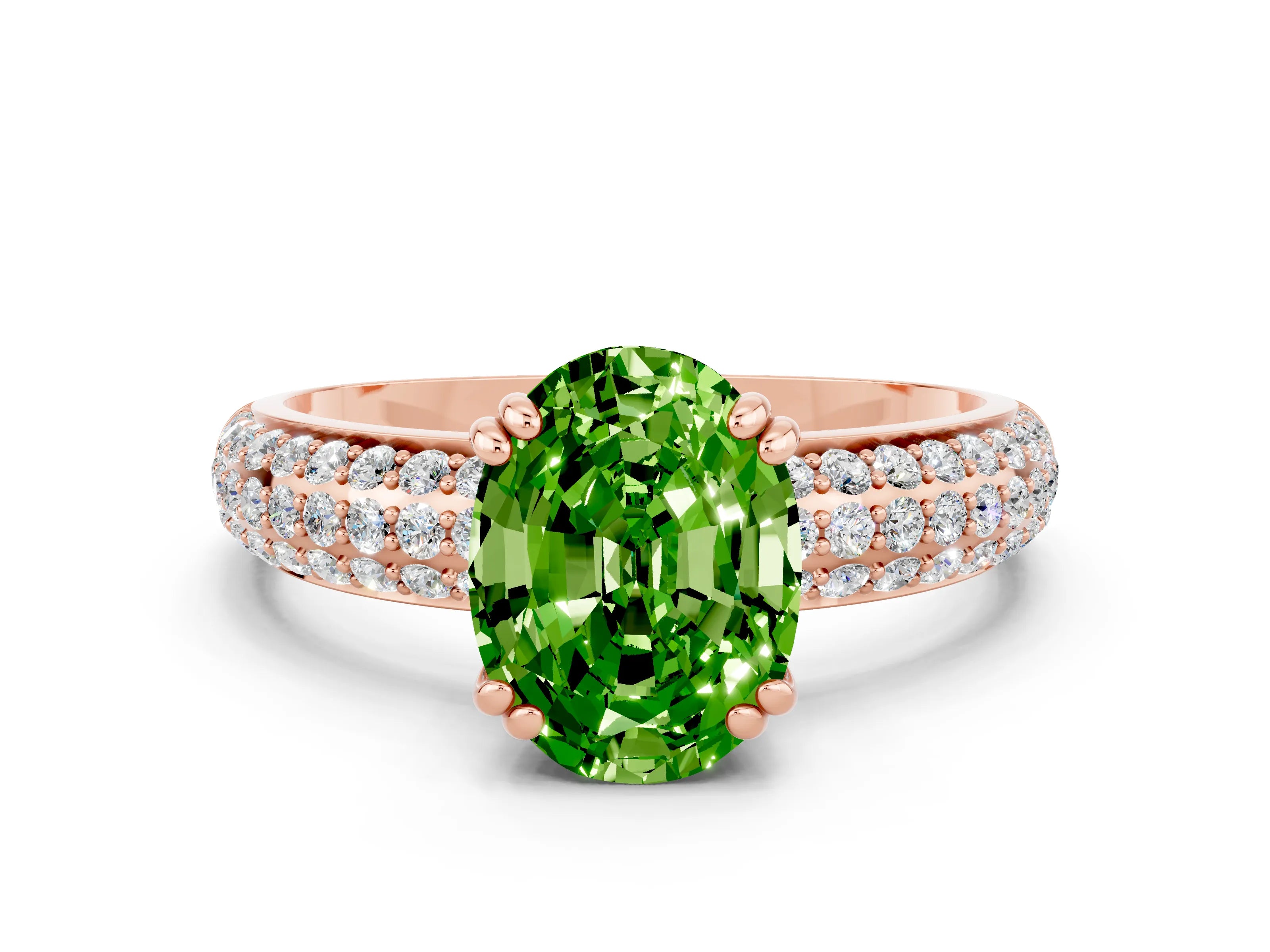 Rose gold Oval Cut Cut Pave Diamond Engagement Ring with Channel Set Band and Four-Prong Setting