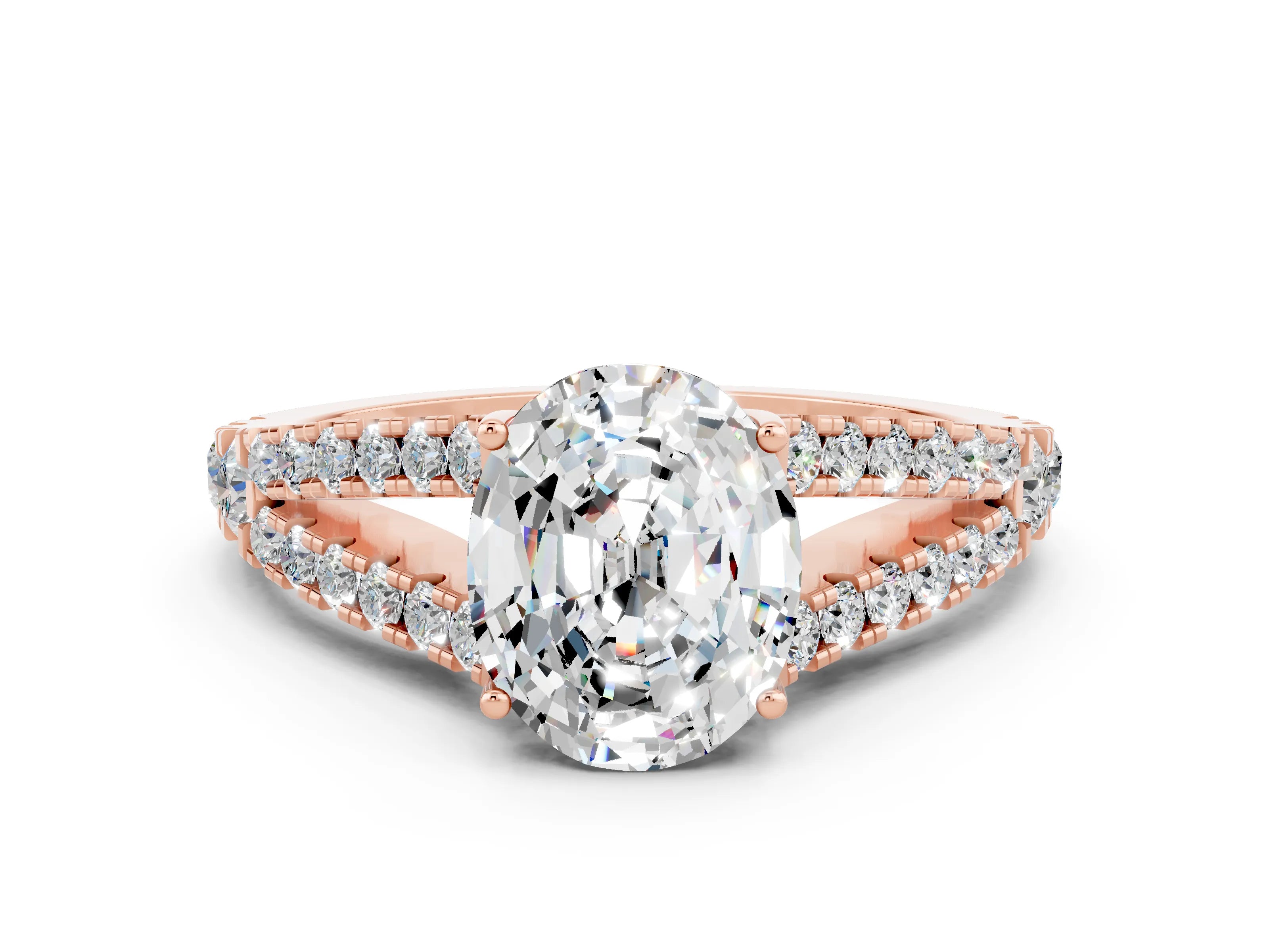 Rose gold Oval Cut Cut Split Shank Pave Diamond Engagement Ring with Four-Prong Setting