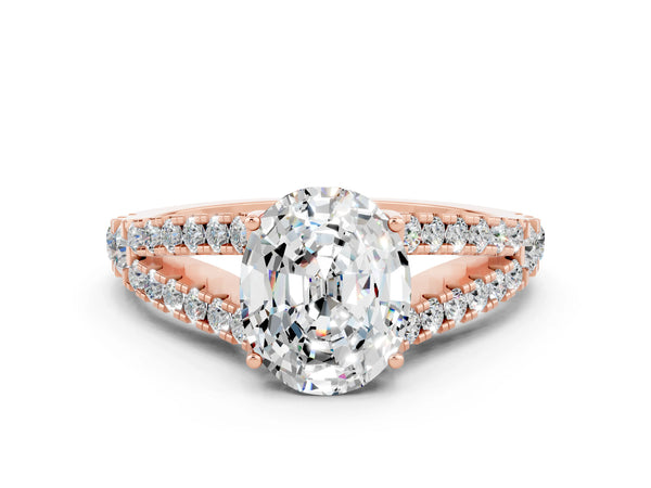 Rose gold Oval Cut Moissanite Split Shank Engagement Ring with Round Pavé and Prong Setting
