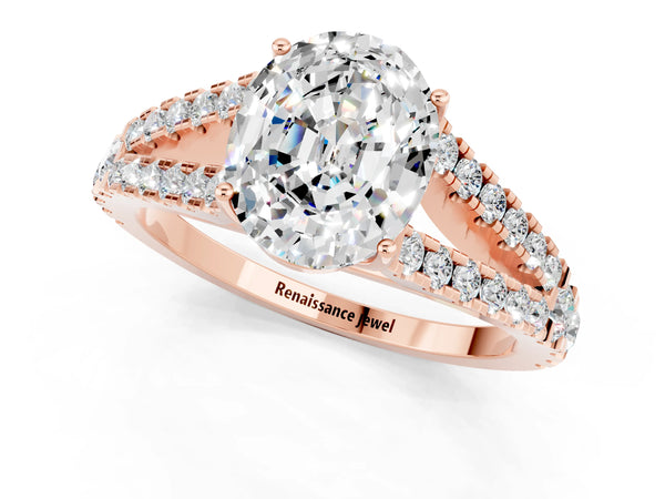 Rose gold Oval Cut Moissanite Split Shank Engagement Ring with Round Pavé and Prong Setting
