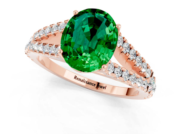 Rose gold Oval Cut Emerald Split Shank Engagement Ring with Round Pavé and Prong Setting