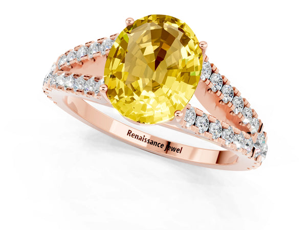 Rose gold Oval Cut Yellow Sapphire Split Shank Engagement Ring with Round Pavé and Prong Setting