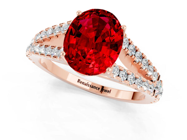 Rose gold Oval Cut Ruby Split Shank Engagement Ring with Round Pavé and Prong Setting
