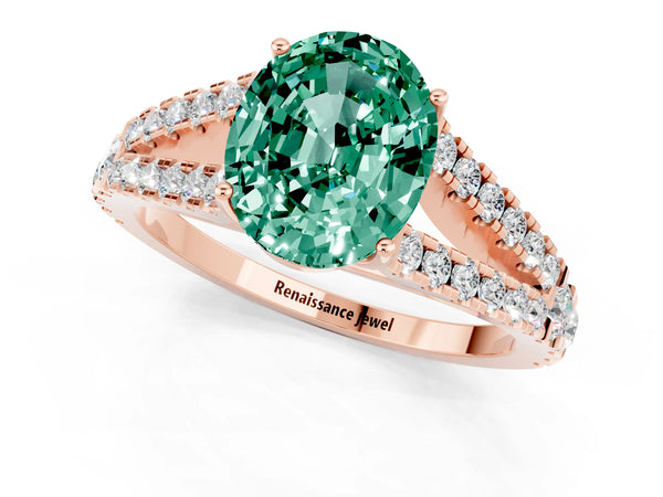 Rose gold Oval Cut Green Sapphire Split Shank Engagement Ring with Round Pavé and Prong Setting