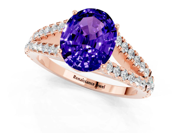 Rose gold Oval Cut Tanzanite Split Shank Engagement Ring with Round Pavé and Prong Setting