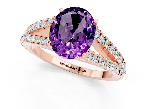 Rose gold Oval Cut Amethyst Split Shank Engagement Ring with Round Pavé and Prong Setting