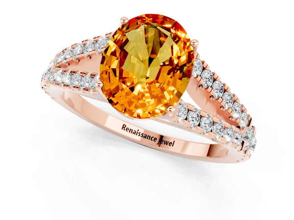 Rose gold Oval Cut Citrine Split Shank Engagement Ring with Round Pavé and Prong Setting
