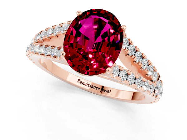 Rose gold Oval Cut Garnet Split Shank Engagement Ring with Round Pavé and Prong Setting