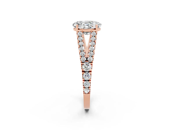 Rose gold Oval Cut Moissanite Split Shank Engagement Ring with Round Pavé and Prong Setting