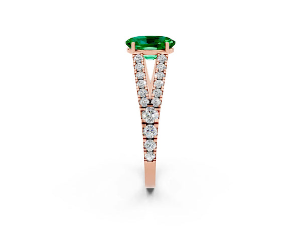 Rose gold Oval Cut Emerald Split Shank Engagement Ring with Round Pavé and Prong Setting