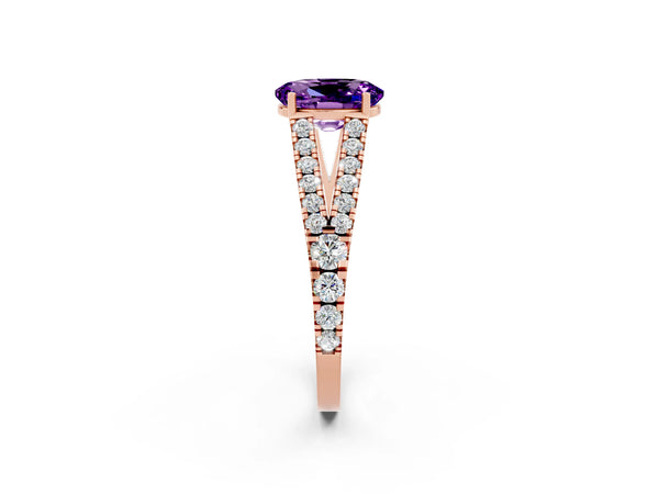 Rose gold Oval Cut Amethyst Split Shank Engagement Ring with Round Pavé and Prong Setting