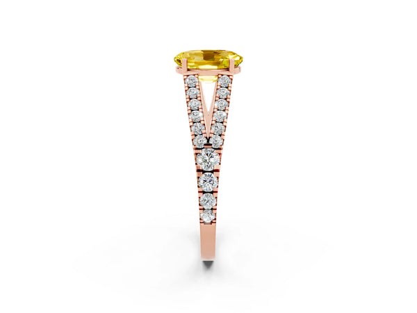 Rose gold Oval Cut Yellow Sapphire Split Shank Engagement Ring with Round Pavé and Prong Setting