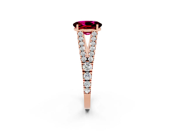 Rose gold Oval Cut Garnet Split Shank Engagement Ring with Round Pavé and Prong Setting