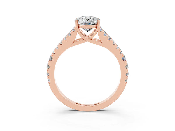 Rose gold Oval Cut Moissanite Split Shank Engagement Ring with Round Pavé and Prong Setting
