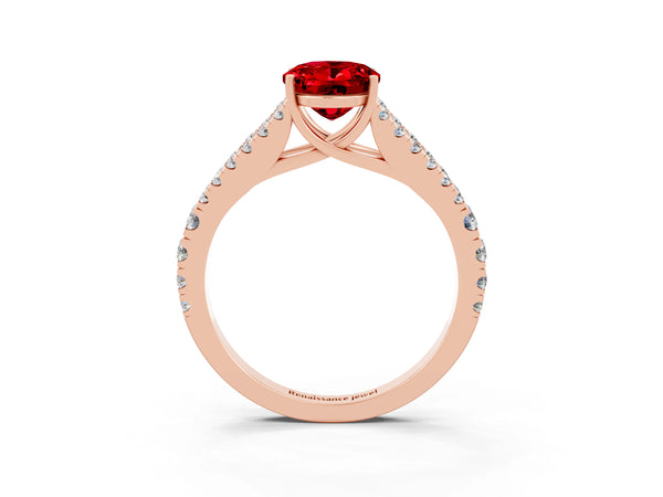 Rose gold Oval Cut Ruby Split Shank Engagement Ring with Round Pavé and Prong Setting