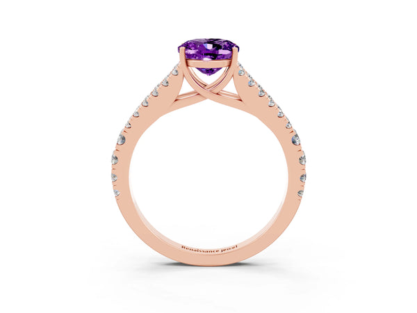 Rose gold Oval Cut Amethyst Split Shank Engagement Ring with Round Pavé and Prong Setting