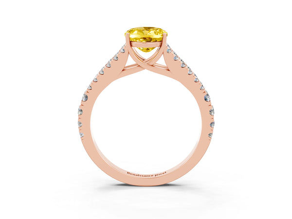 Rose gold Oval Cut Yellow Sapphire Split Shank Engagement Ring with Round Pavé and Prong Setting