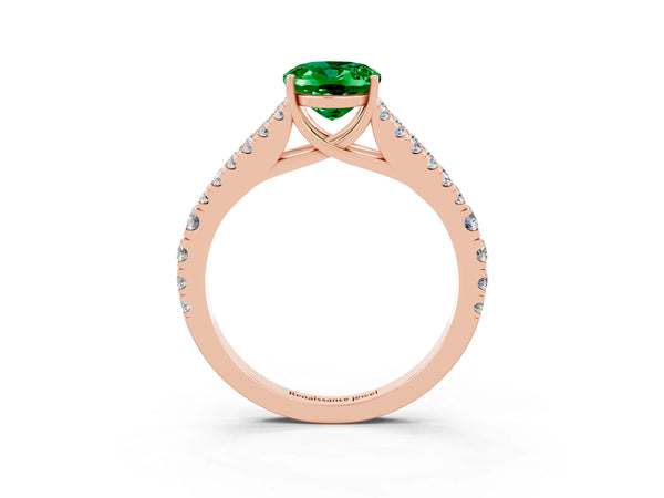 Rose gold Oval Cut Emerald Split Shank Engagement Ring with Round Pavé and Prong Setting