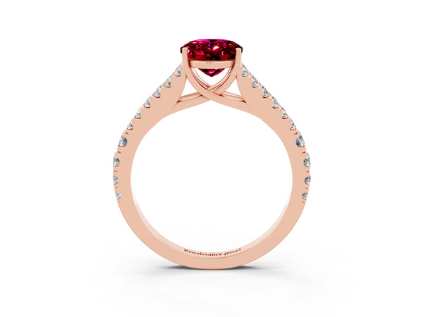 Rose gold Oval Cut Garnet Split Shank Engagement Ring with Round Pavé and Prong Setting