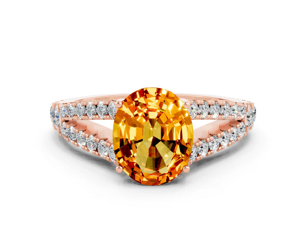 Rose gold Oval Cut Citrine Split Shank Engagement Ring with Round Pavé and Prong Setting