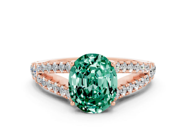 Rose gold Oval Cut Green Sapphire Split Shank Engagement Ring with Round Pavé and Prong Setting