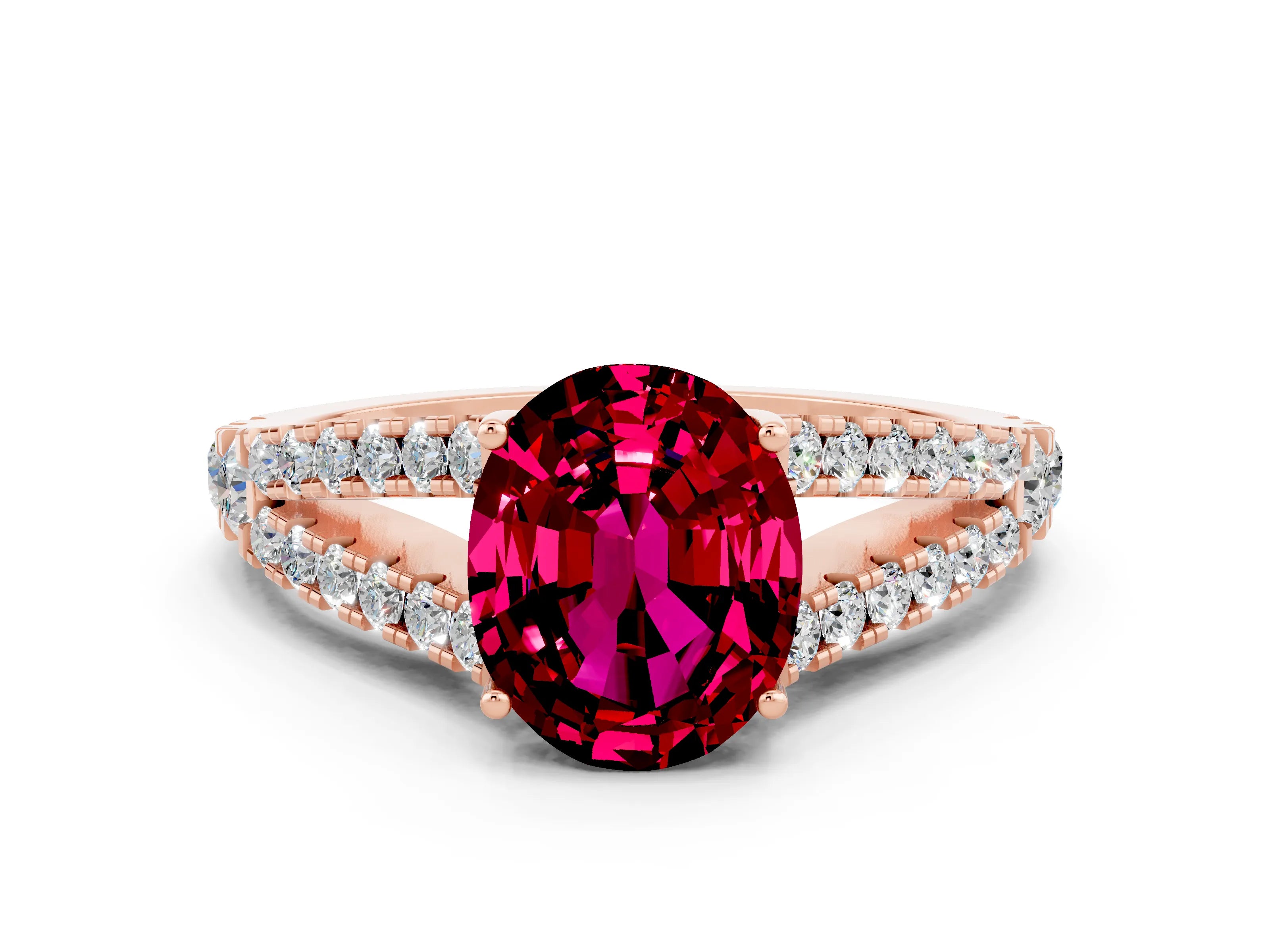 Rose gold Oval Cut Cut Split Shank Pave Diamond Engagement Ring with Four-Prong Setting
