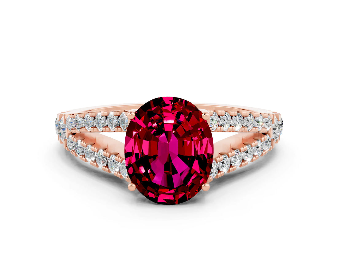 Rose gold Oval Cut Cut Split Shank Pave Diamond Engagement Ring with Four-Prong Setting