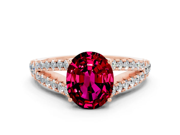 Rose gold Oval Cut Garnet Split Shank Engagement Ring with Round Pavé and Prong Setting
