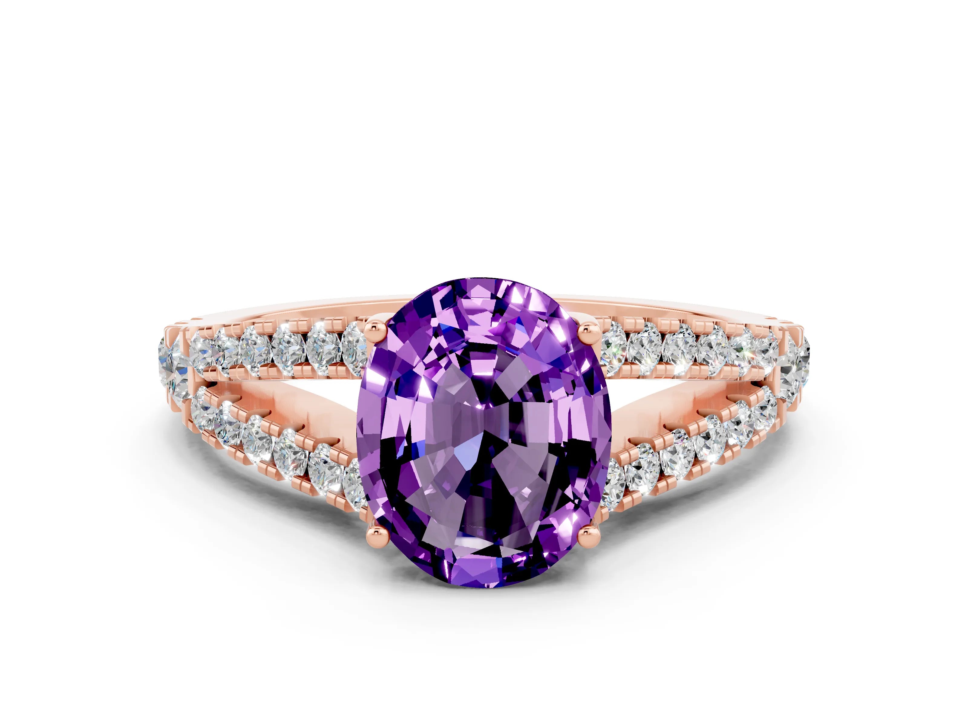 Rose gold Oval Cut Cut Split Shank Pave Diamond Engagement Ring with Four-Prong Setting